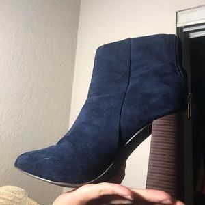 Navy blue bootie with wood block heel